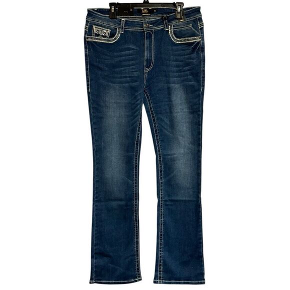 Lucky & Blessed Embroidered Dark Wash Mid Rise Bootcut Jeans NWT - Picture 2 of 12